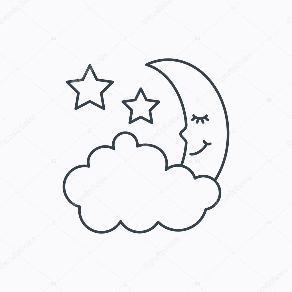 Night or sleep icon. Moon and stars sign. Crescent astronomy symbol. Linear outline icon on white background. Vector