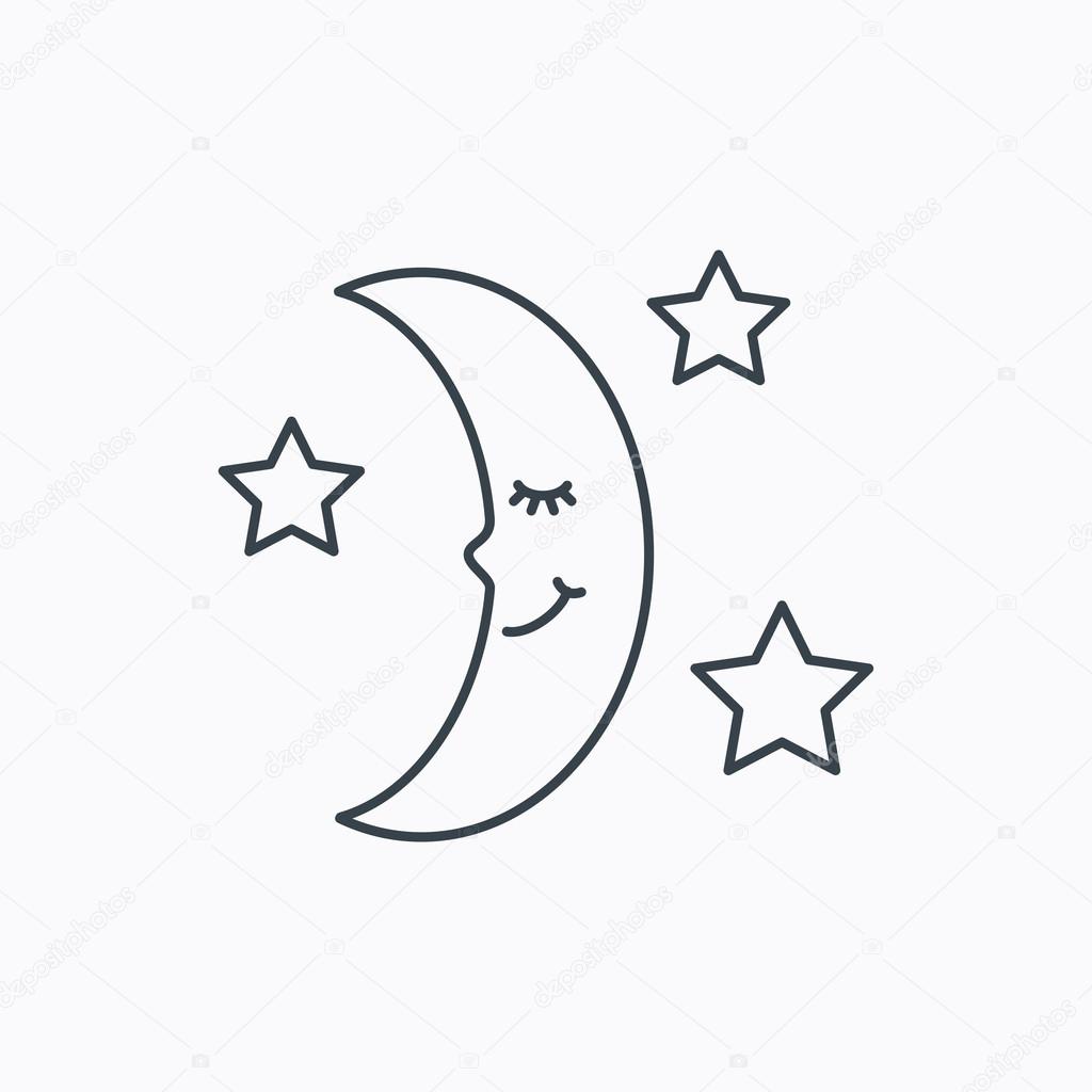 Night or sleep icon. Moon and stars sign. Crescent astronomy symbol. Linear outline icon on white background. Vector