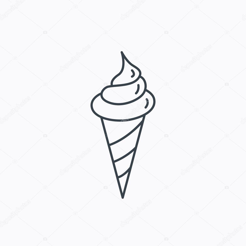 Ice cream icon. Sweet dessert in waffle cone sign. Frozen food symbol. Linear outline icon on white background. Vector