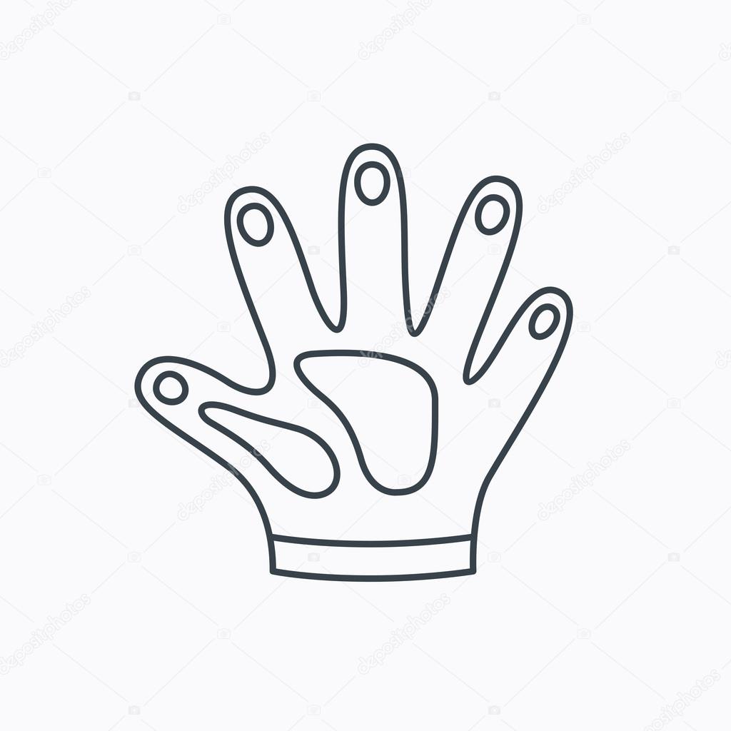 Construction gloves icon. Textile hand protection sign. Housework cleaning equipment symbol. Linear outline icon on white background. Vector