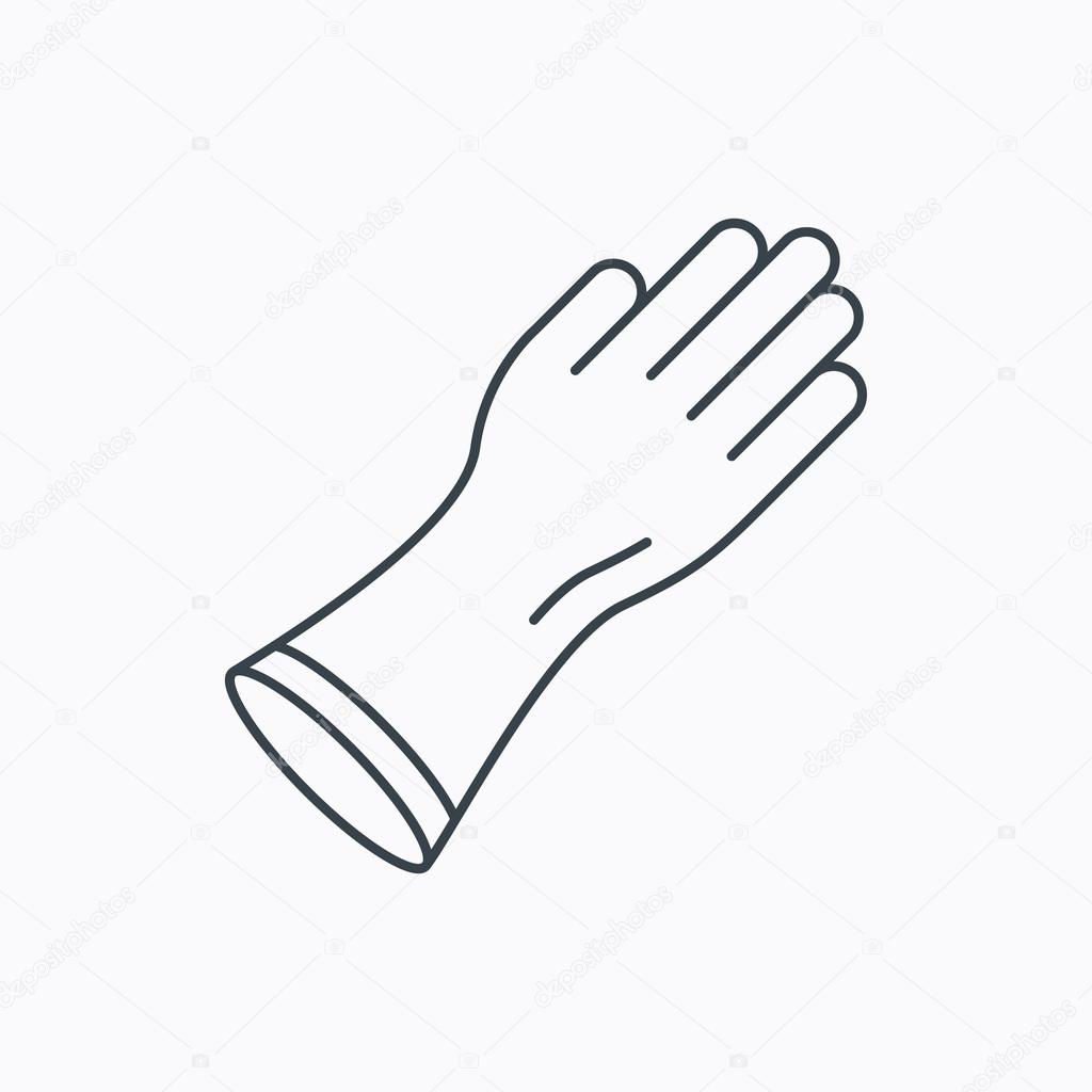 Rubber gloves icon. Latex hand protection sign. Housework cleaning equipment symbol. Linear outline icon on white background. Vector