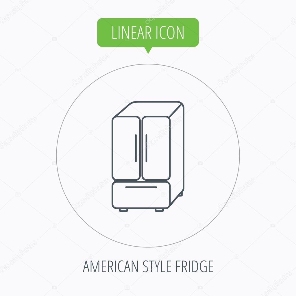 American fridge icon. Refrigerator sign. Linear outline circle button. Vector
