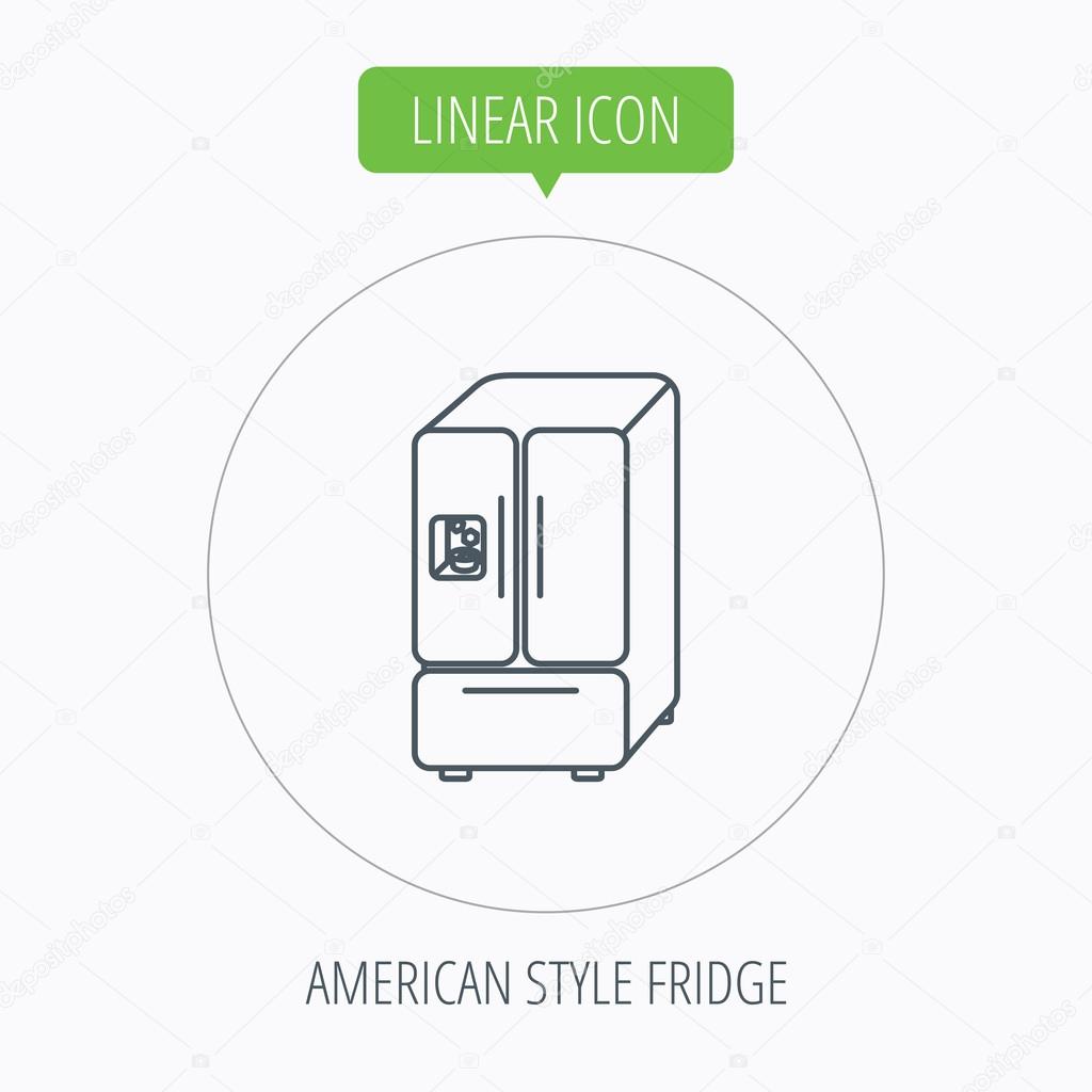 American fridge icon. Refrigerator with ice sign. Linear outline circle button. Vector