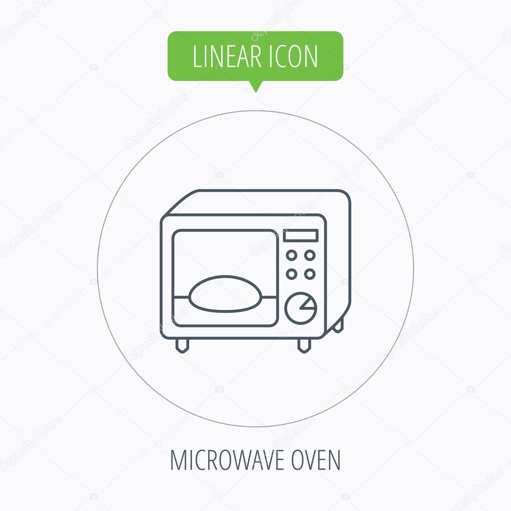 Microwave oven icon. Kitchen appliance sign. Linear outline circle button. Vector