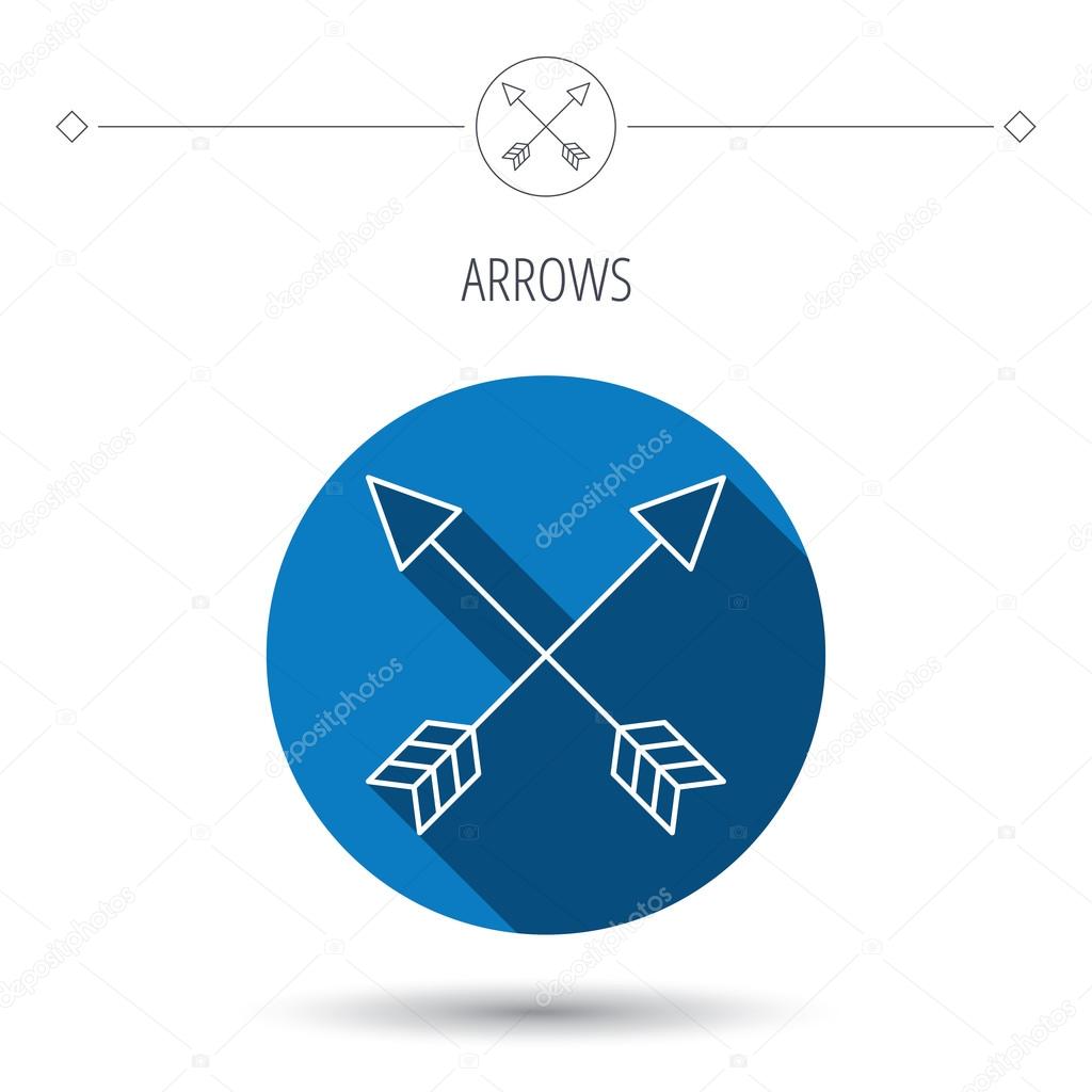Bow arrows icon. Hunting sport equipment sign. Archer weapon symbol. Blue flat circle button. Linear icon with shadow. Vector