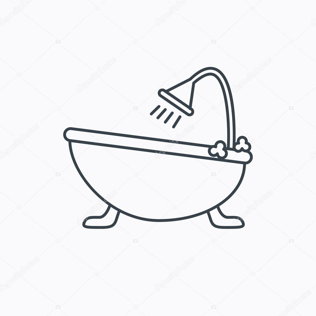 Bathroom icon. Bath with shower sign. Linear outline icon on white background. Vector