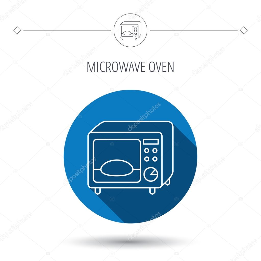 Microwave oven icon. Kitchen appliance sign. Blue flat circle button. Linear icon with shadow. Vector