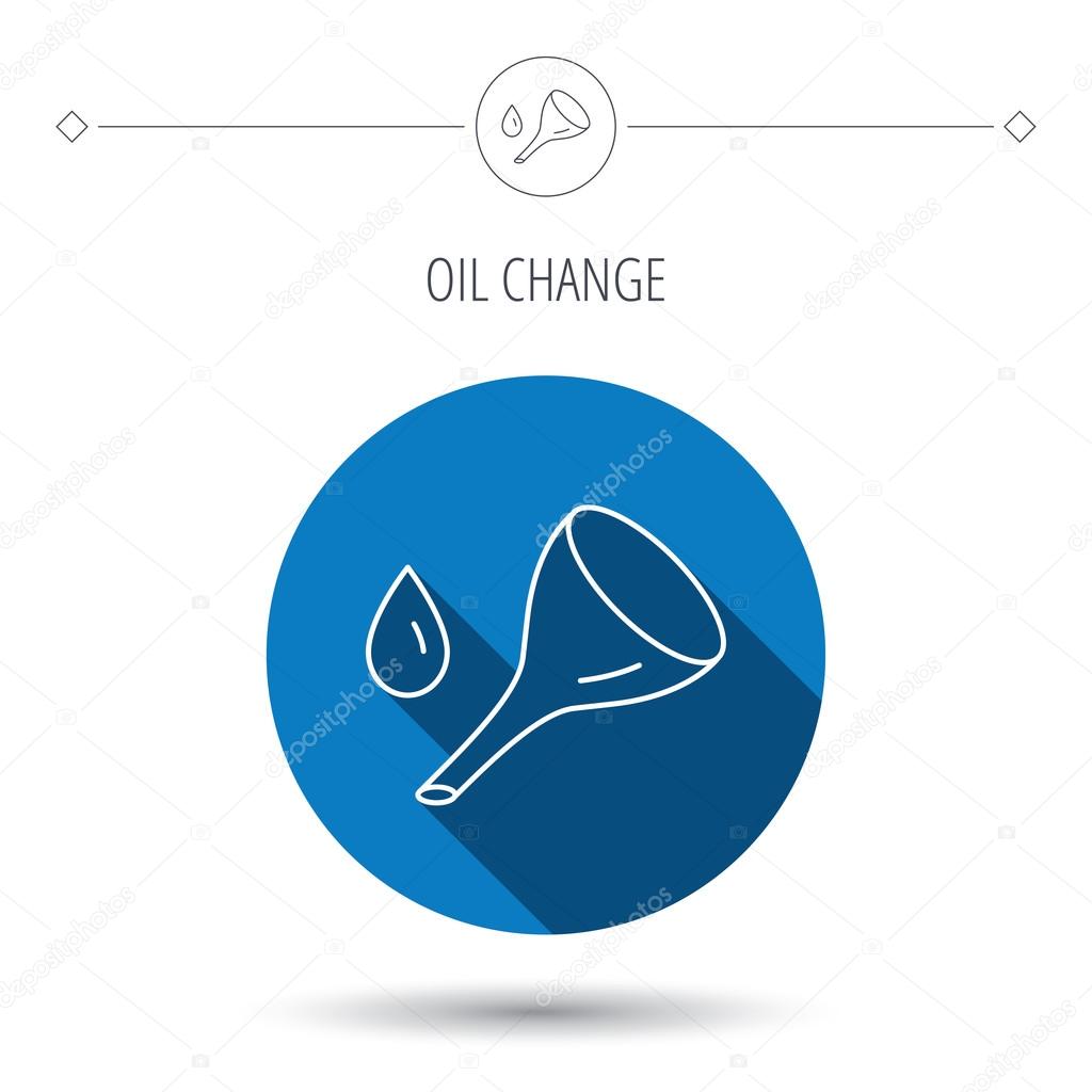Oil change service icon. Fuel can with drop sign. Blue flat circle button. Linear icon with shadow. Vector