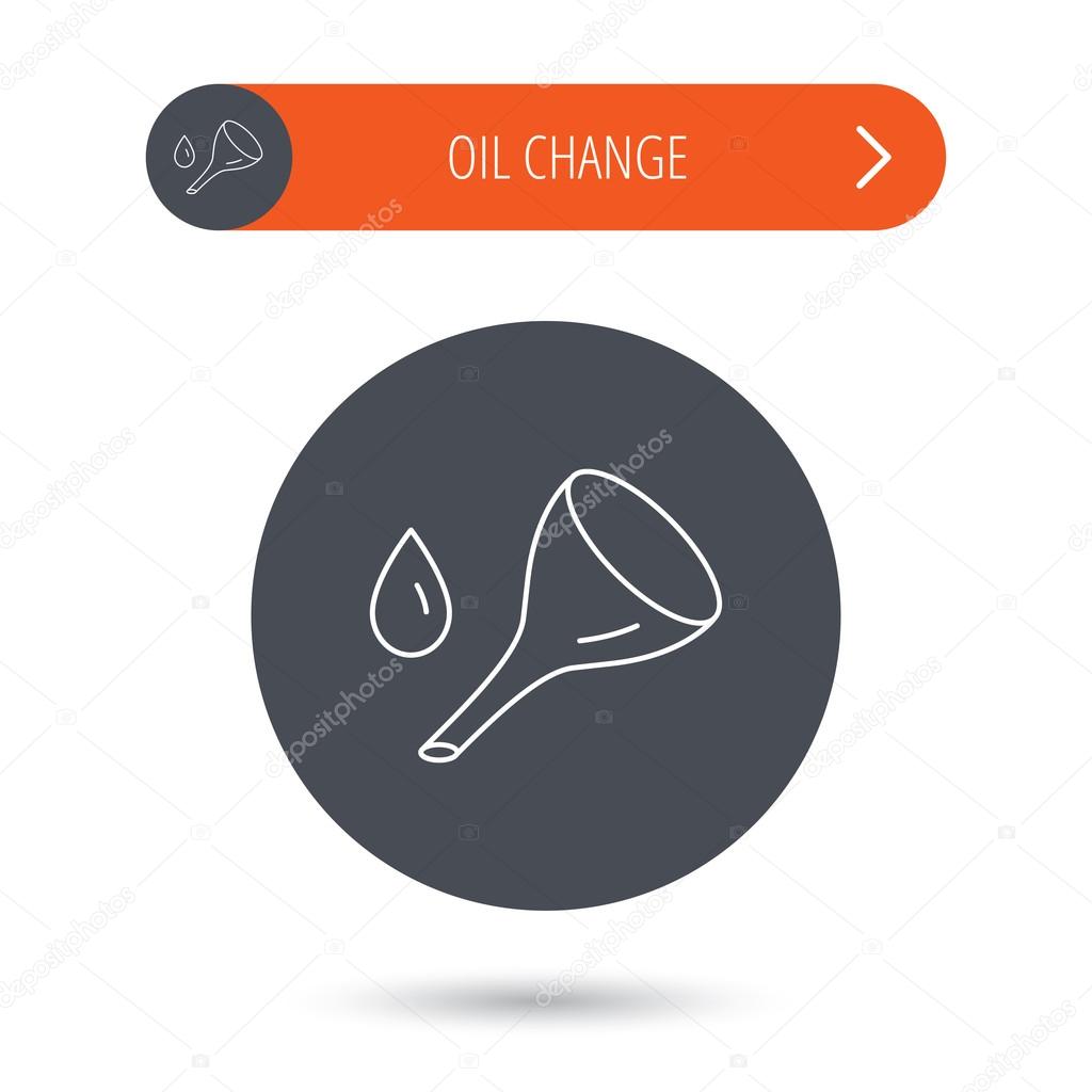 Oil change service icon. Fuel can with drop sign. Gray flat circle button. Orange button with arrow. Vector