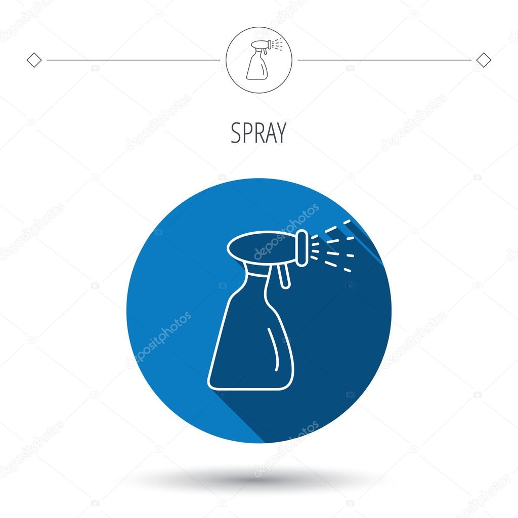 Cleaning spray bottle icon. Washing tool sign. Blue flat circle button. Linear icon with shadow. Vector