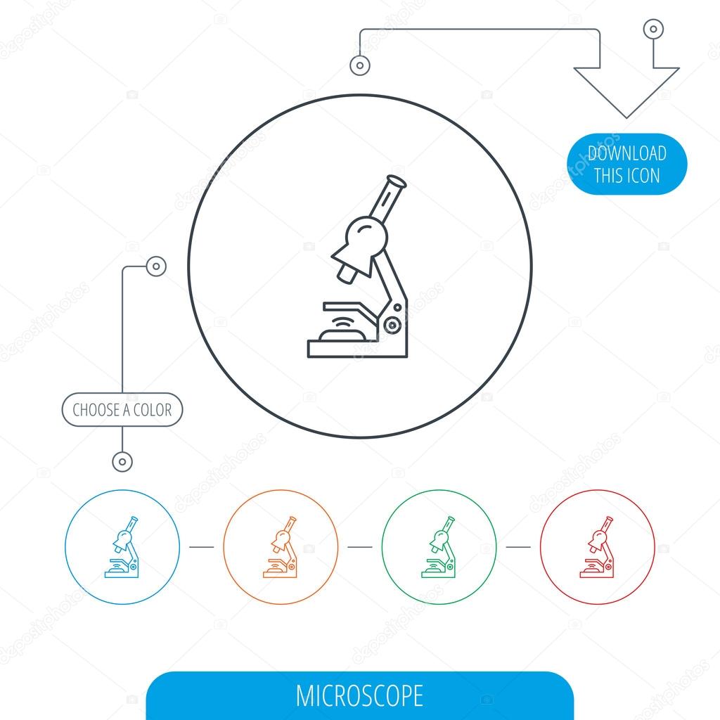 Microscope icon. Medical laboratory equipment sign. Pathology or scientific symbol. Line circle buttons. Download arrow symbol. Vector