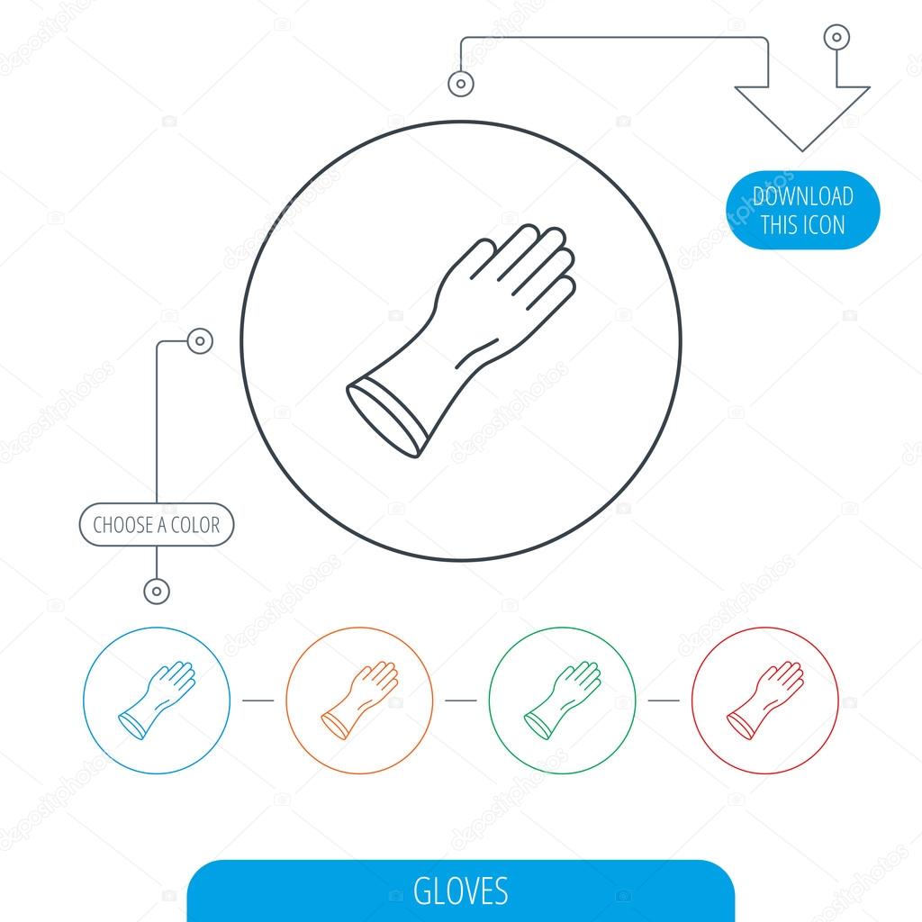 Rubber gloves icon. Latex hand protection sign. Housework cleaning equipment symbol. Line circle buttons. Download arrow symbol. Vector