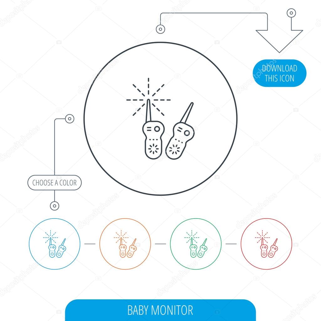 Baby monitor icon. Nanny for newborn sign. Radio set symbol. Line circle buttons. Download arrow symbol. Vector