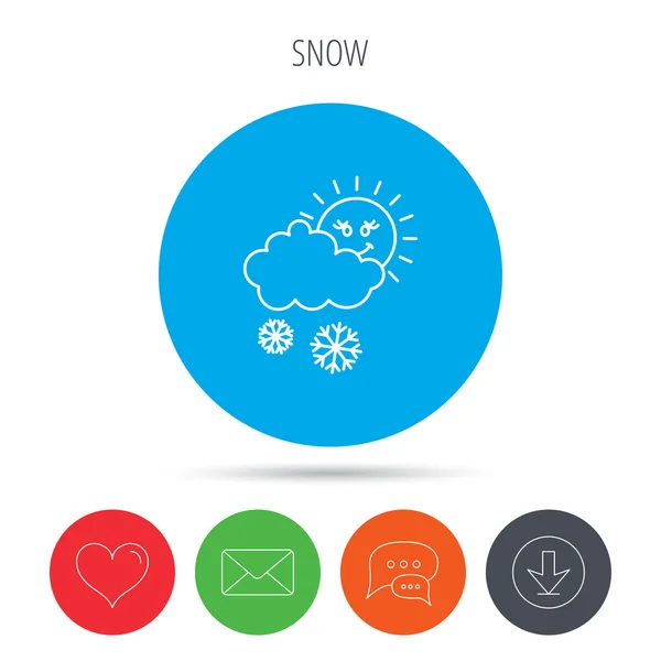 Snö med solen ikon. Snöflingor och moln tecken. — Stock vektor