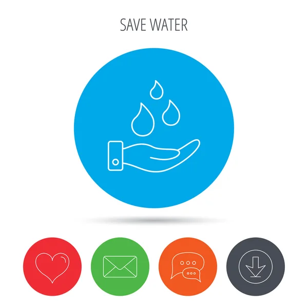 Salva l'icona dell'acqua. Mano con segno gocce d'acqua . — Vettoriale Stock