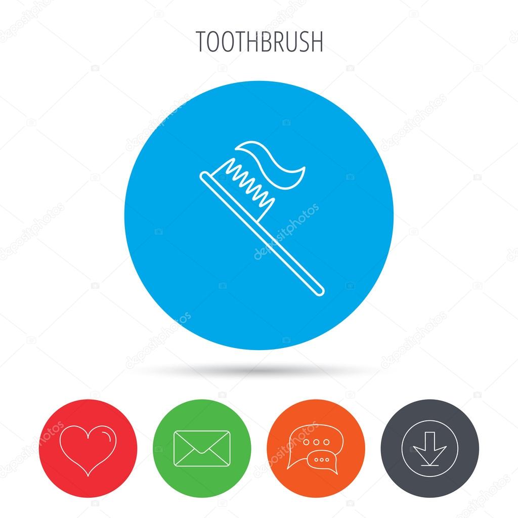 Toothbrush icon. Toothpaste sign. Dental oral cleaning symbol. Mail, download and speech bubble buttons. Like symbol. Vector