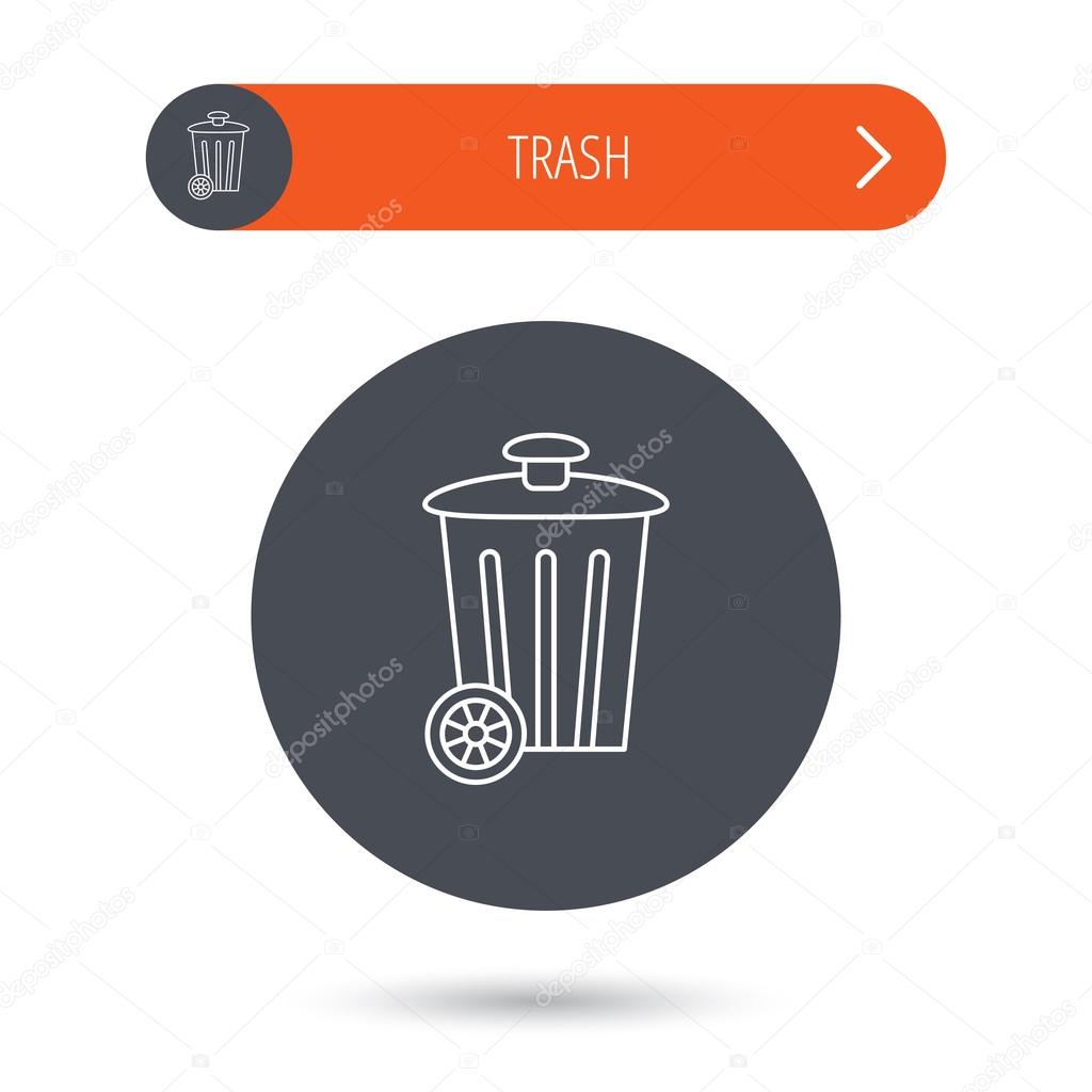 Recycle bin icon. Trash container sign. Street rubbish symbol. Gray flat circle button. Orange button with arrow. Vector