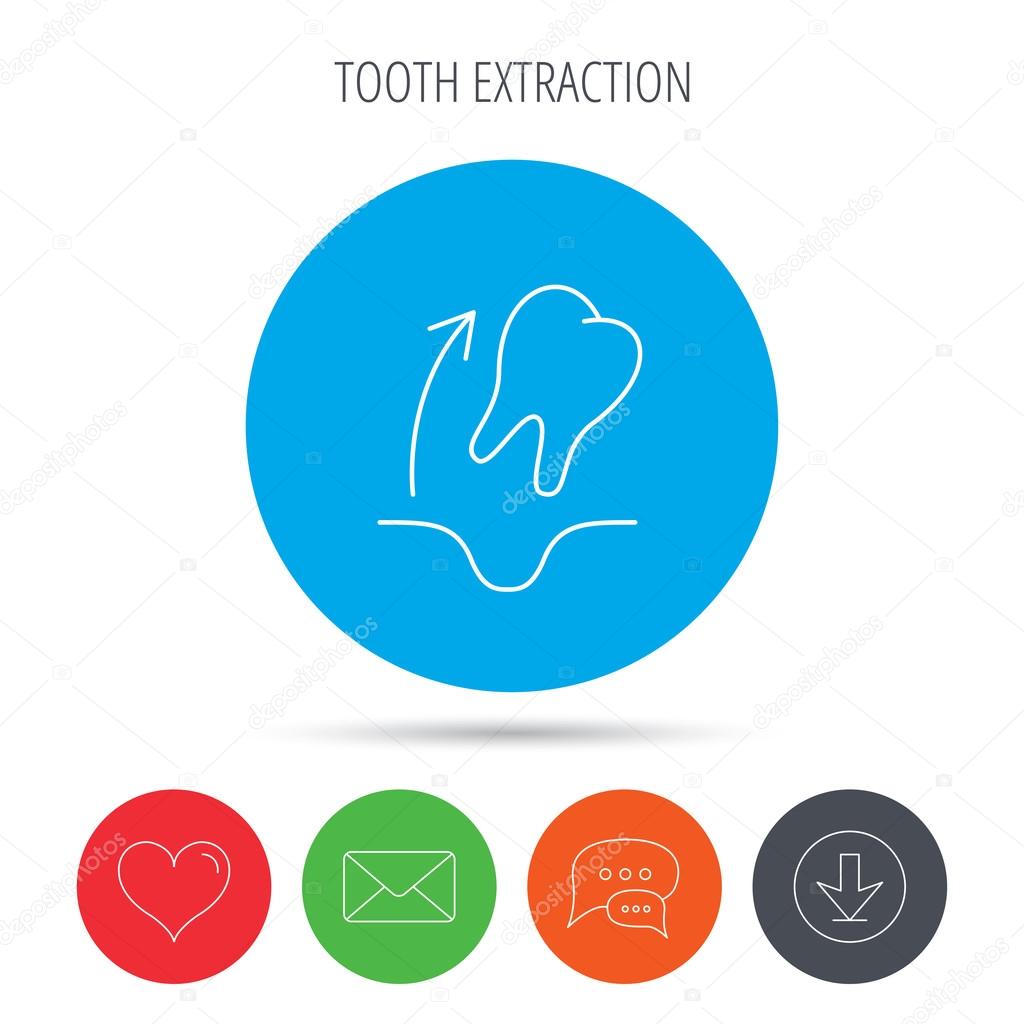 Tooth extraction icon. Dental paradontosis sign. Mail, download and speech bubble buttons. Like symbol. Vector