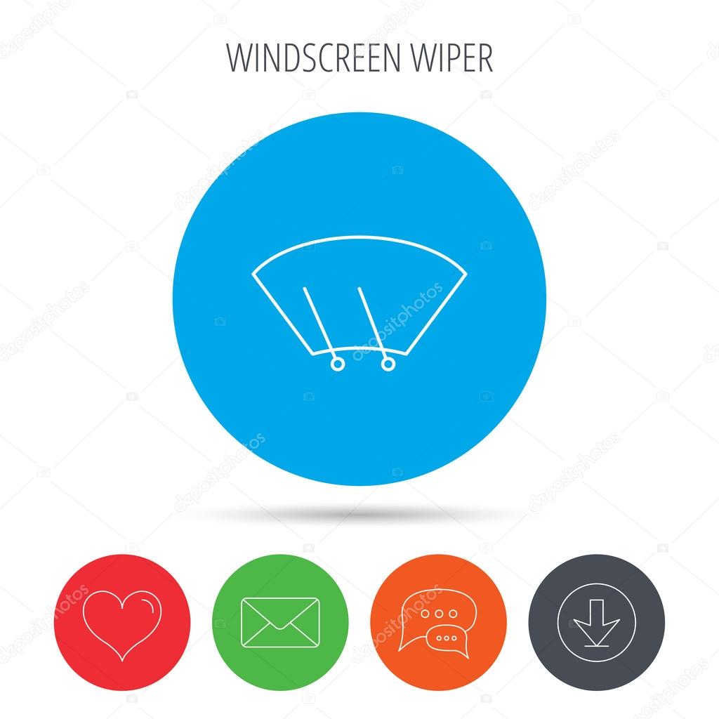 Windscreen wipers icon. Windshield sign. Mail, download and speech bubble buttons. Like symbol. Vector