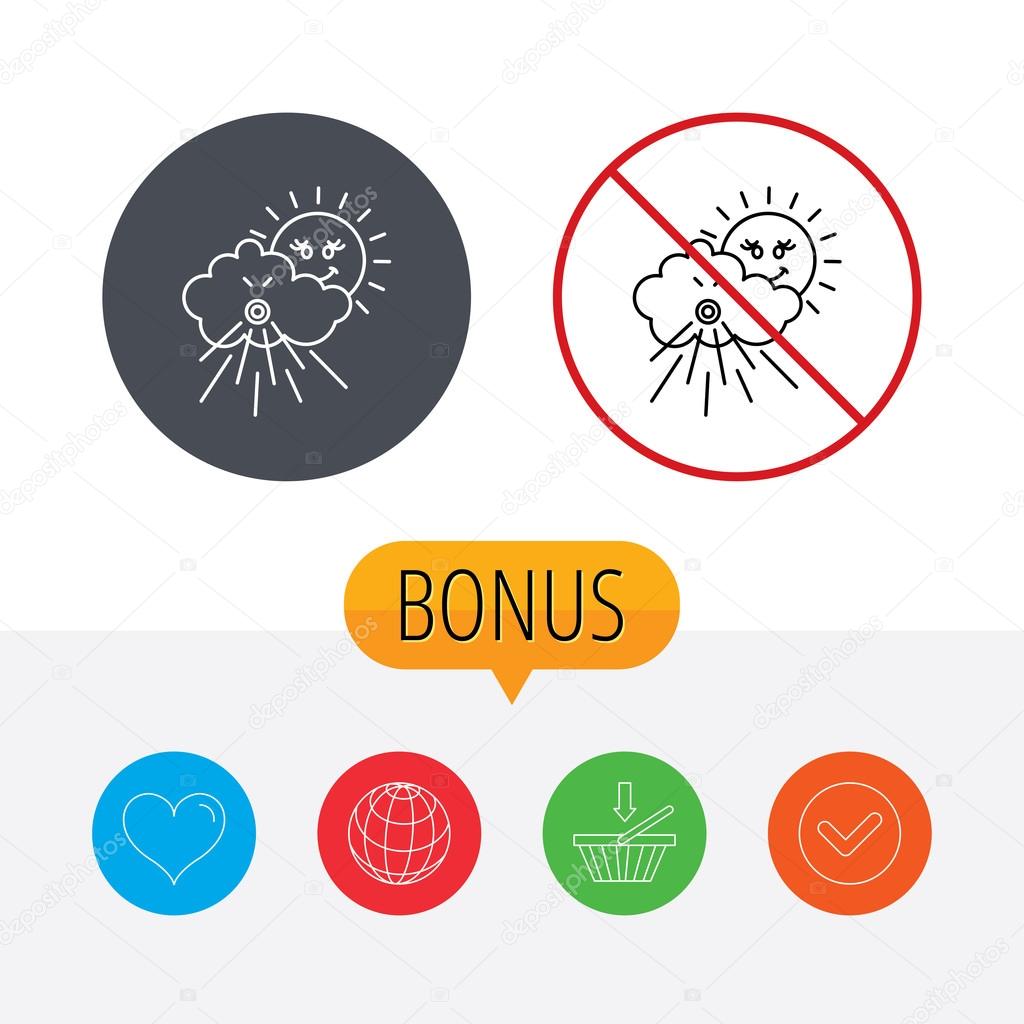 Wind icon. Cloud with sun and storm sign. Strong wind or tempest symbol. Shopping cart, globe, heart and check bonus buttons. Ban or stop prohibition symbol.