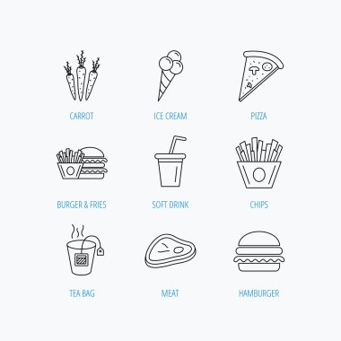 Hamburger, pizza ve meşrubat simgeler. Çay poşeti.