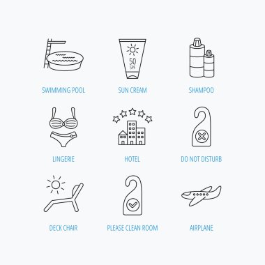 Otel, havuz ve plaj şezlong simgeler.