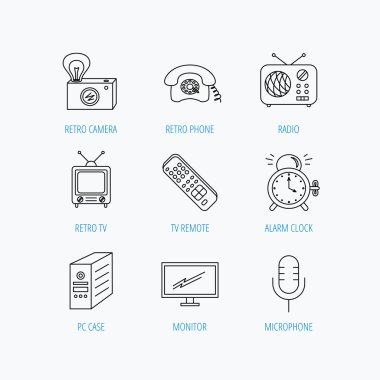 Retro kamera, radyo ve telefon simgeleri.