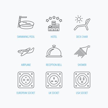 Otel, havuz ve plaj şezlong simgeler.