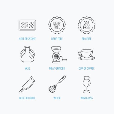 Kahve fincanı, kasap bıçağı ve bardağı simgeler.