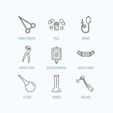 Tıbbi maske, kan ve diş pense simgeler.