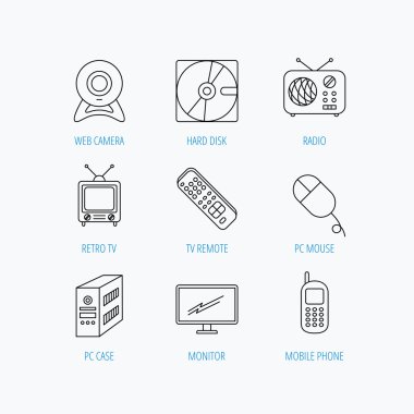 Örümcek ağı fotoğraf makinesi, radyo ve hareket eden telefon simgeleri.