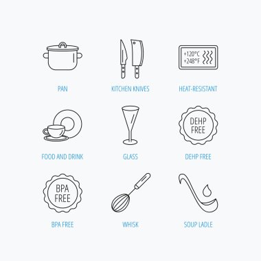 Mutfak bıçakları, cam ve pan simgeleri.