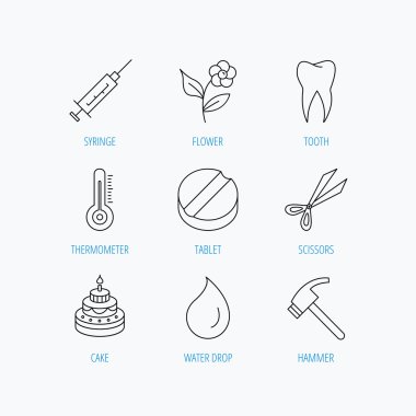 Diş, şırınga ve tablet simgeler. Çiçek, damla.