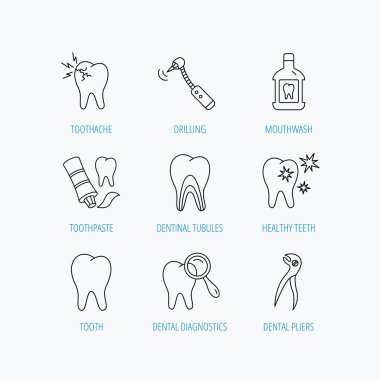 Diş, stomatology ve diş ağrısı simgeleri.