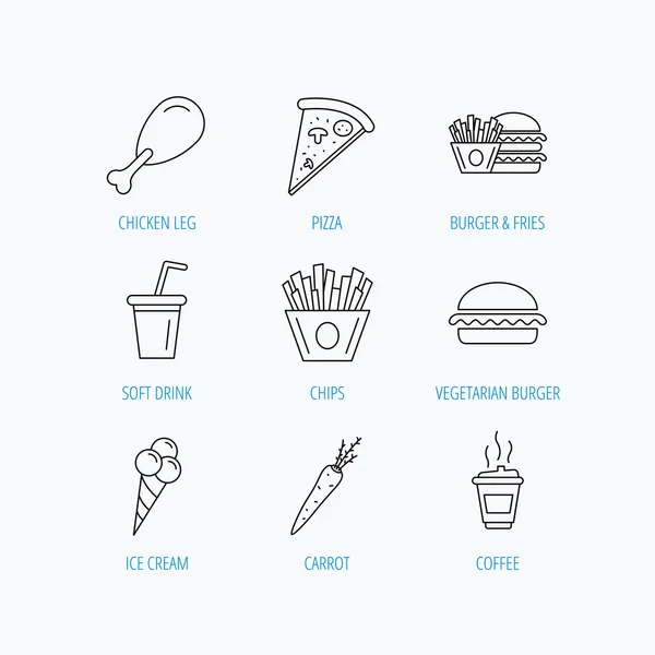 Vegetarisk burgare, pizza och läsk ikoner. — Stock vektor