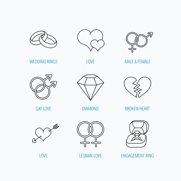 Aşk kalp, hediye kutusu ve alyans simgeler.