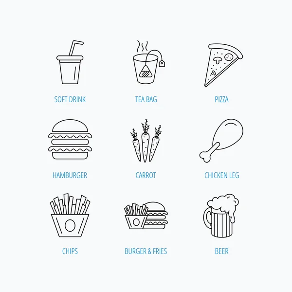 Hamburger, pizza et boissons gazeuses icônes. Bière . — Image vectorielle
