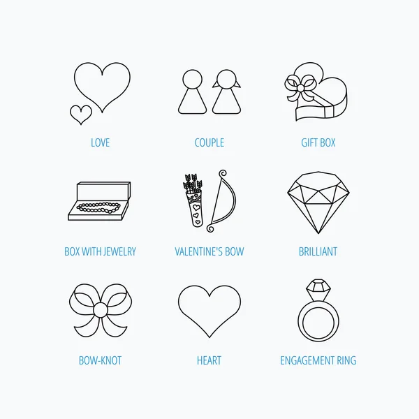 Coração de amor, ícones brilhantes e anel de noivado . — Vetor de Stock