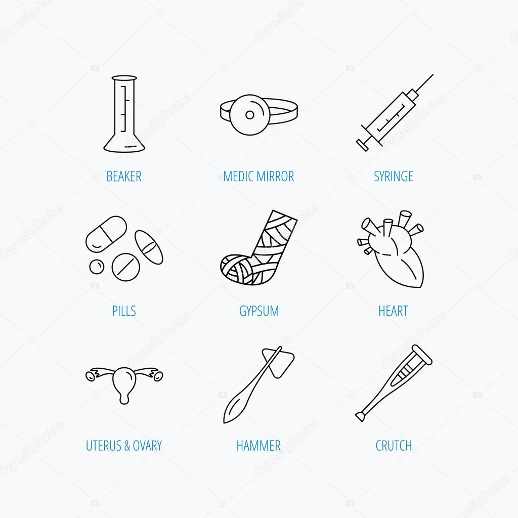 Syringe, beaker and pills icons. Medical signs.