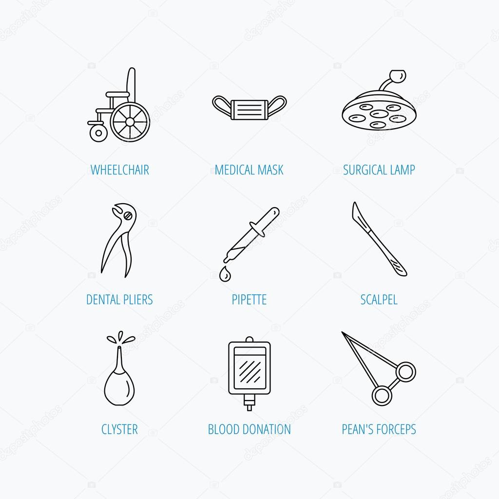 Medical mask, scalpel and dental pliers icons.