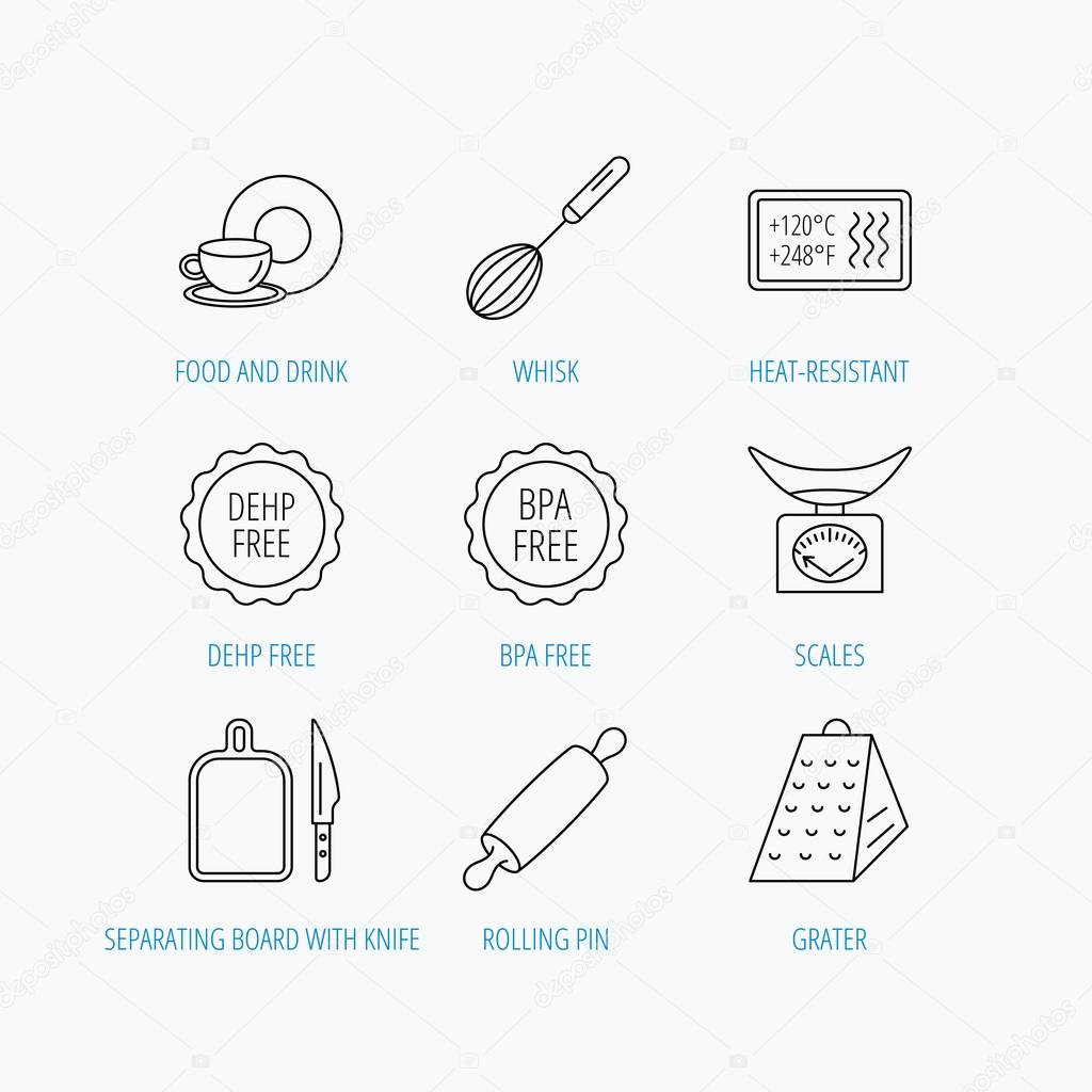 Kitchen scales, whisk and grater icons.