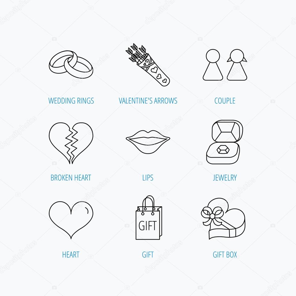 Love heart, kiss and wedding rings icons.