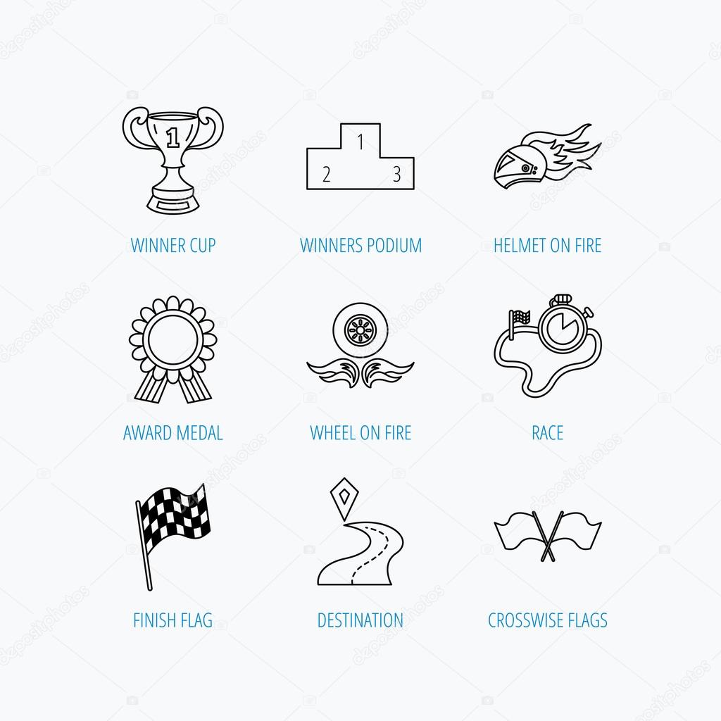 Winner cup and award icons. Race flag signs.