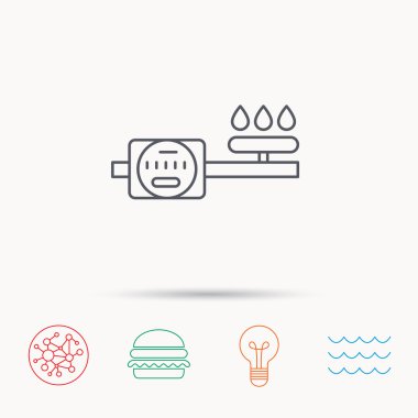 Gaz sayacı simgesi. Yangın işareti ile boru.