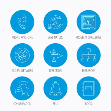 Konuşma, küresel ağ ve yön simgesi.