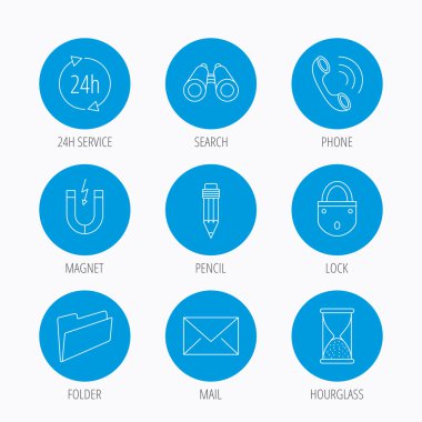 Telefon görüşmesi, kalem ve posta simgeleri.