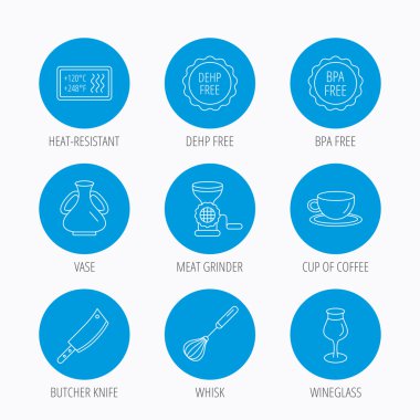 Kahve fincanı, kasap bıçağı ve bardağı simgeler.