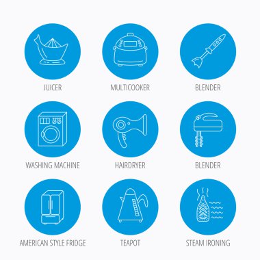 Çamaşır makinesi, çaydanlık ve blender simgeleri.