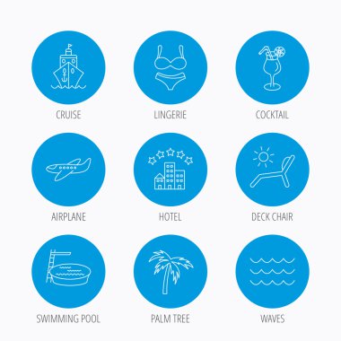Cruise, dalgalar ve kokteyl simgeler. Otel işareti.
