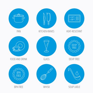 Mutfak bıçakları, cam ve pan simgeleri.